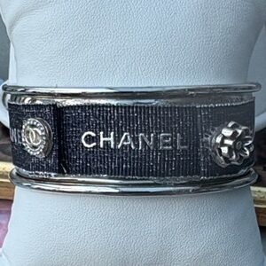 CHANEL Authentic Ribbon Blue denim and Silver embellished 1.5 Cuff